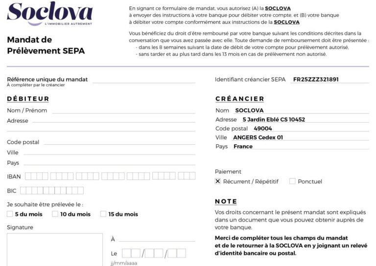 Modèle de mandat SEPA vierge à remplir